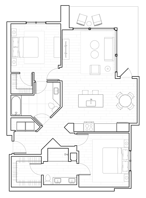 Floor plan for 2 beds, 2 baths, 1196 sqft